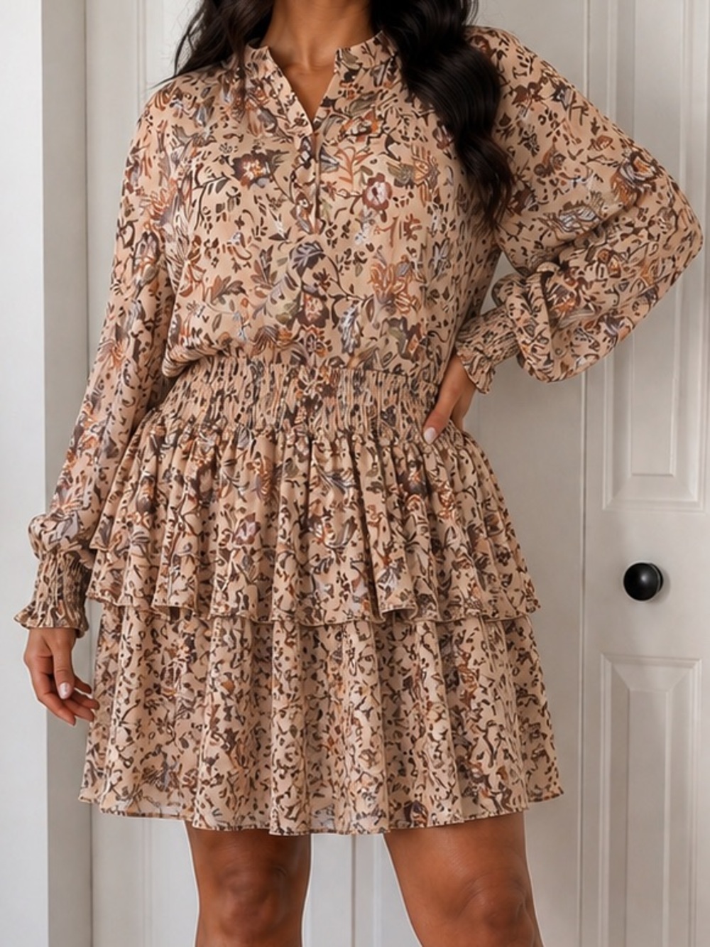 Meritt Floral Boho Mini Dress Smocked Waist Ruffle Tiered Long Sleeve